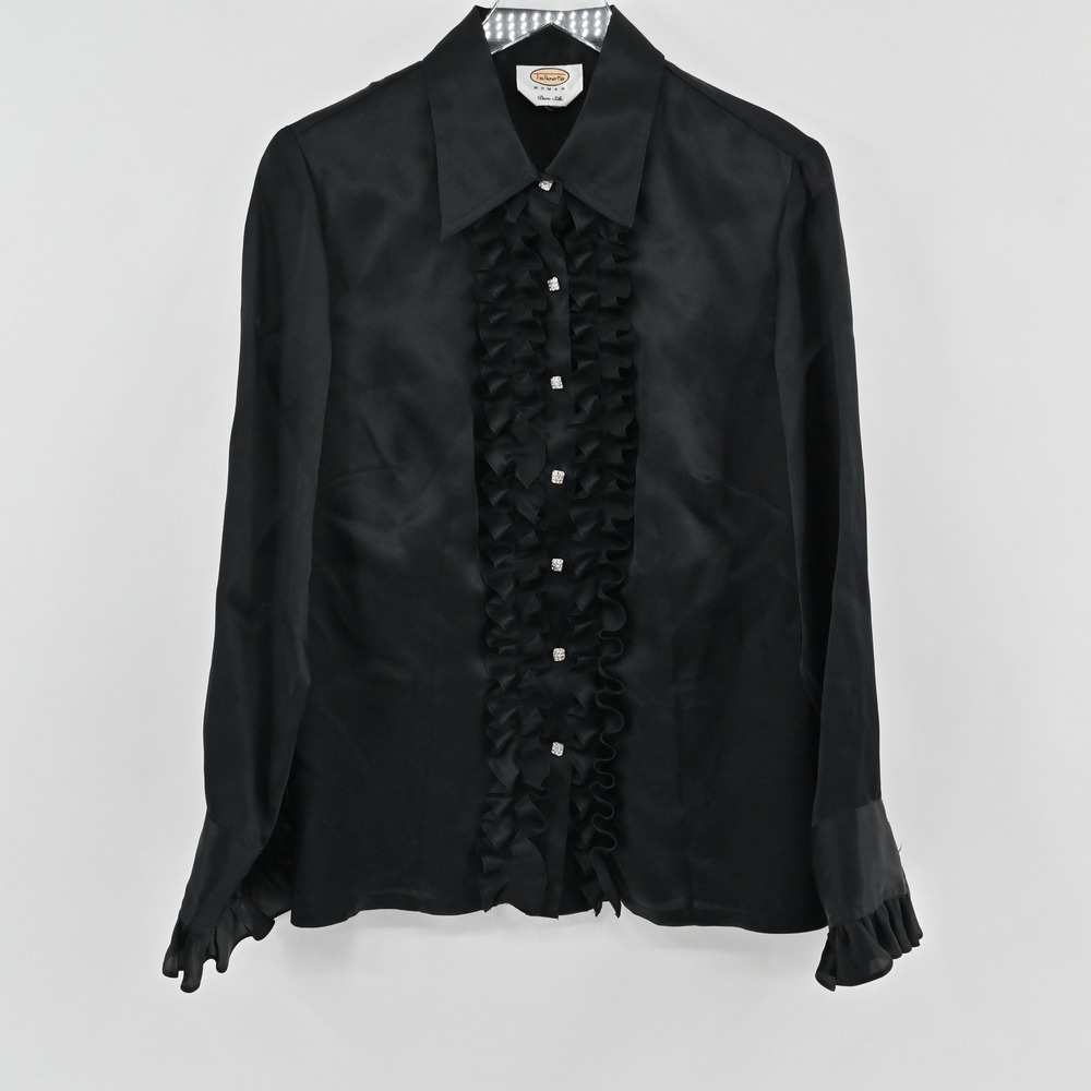 Vintage 80s Talbots Ruffle Silk Blouse Womens Size L Black Rhinestone Button